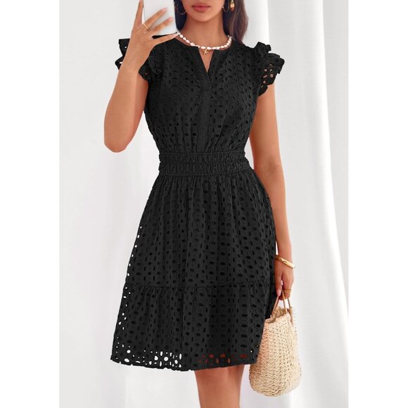 Women's Black V Neck Eyelet Cap Sleeve Summer Beach Vacation Sundresses - Picture 6 of 8